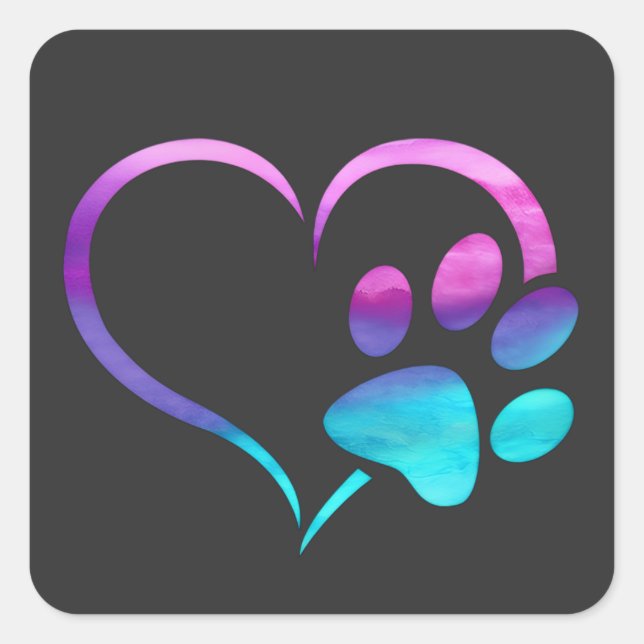 Purple Cyan Dog paw Print Heart  Quadratischer Aufkleber (Vorderseite)