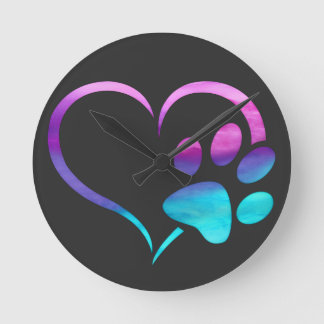 Purple Cyan Dog paw Print Heart  Runde Wanduhr