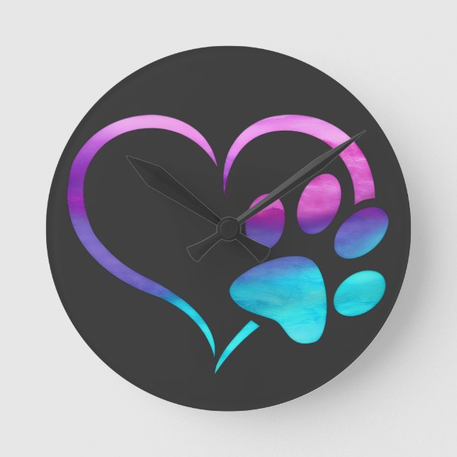 Purple Cyan Dog paw Print Heart  Runde Wanduhr (Vorderseite)
