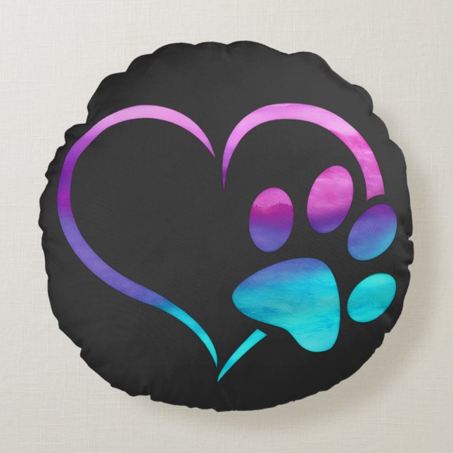 Purple Cyan Dog paw Print Heart  Rundes Kissen (Vorderseite)