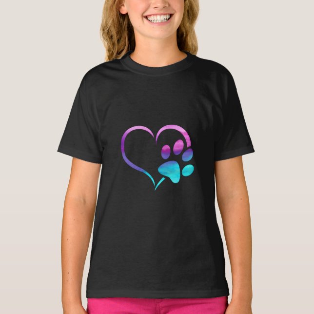 Purple Cyan Dog paw Print Heart  T-Shirt (Vorderseite)