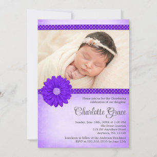 Purple Daisy Sparkle Photo Baptism Christening Einladung