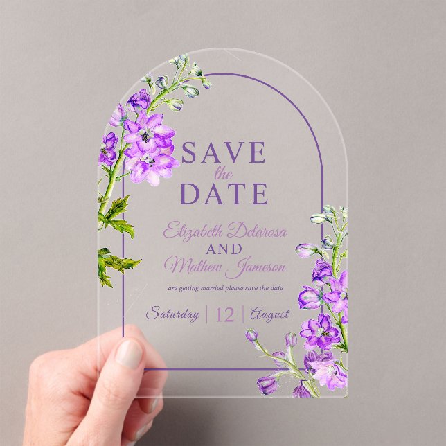Purple delphinium botanical acrylic save the date acryleinladungen (Insitu (Handheld))