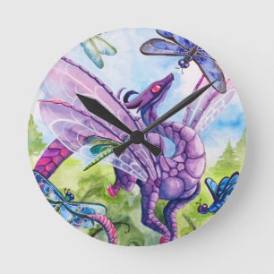 Purple Dragon Dragonfly spring artwork Runde Wanduhr
