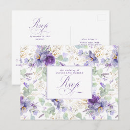 Purple Elegant Botanical Wedding RSVP Postcard Postkarte