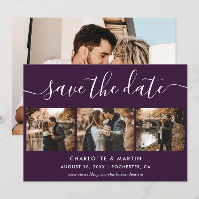 Purple Elegant Modern Script Photo Collage Wedding Save The Date (Vorne/Hinten)