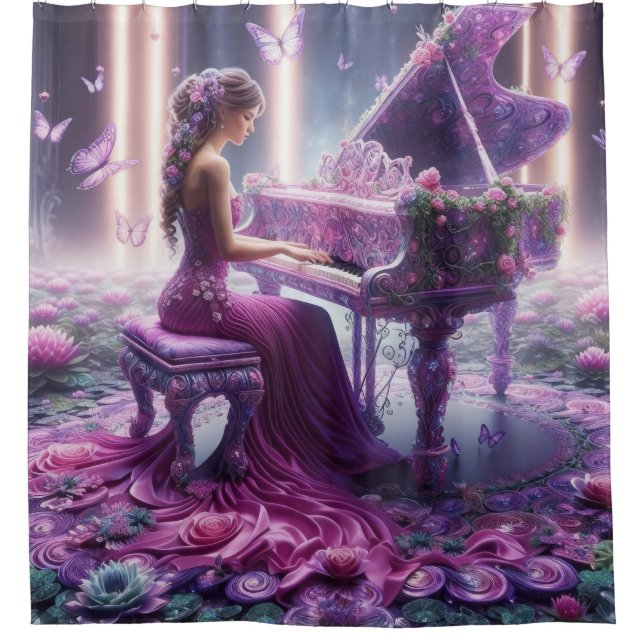 Purple Enchanted Garden Piano Player Duschvorhang (Vorderseite)