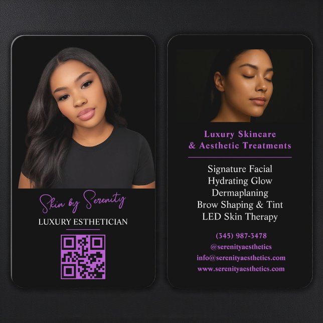 Purple Esthetician QR Code Luxury Black Beauty Visitenkarte (Von Creator hochgeladen)