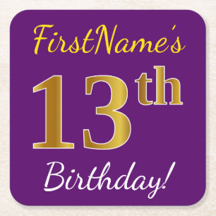 Purple, Faux Gold 13th Birthday + Custom Name Rechteckiger Pappuntersetzer