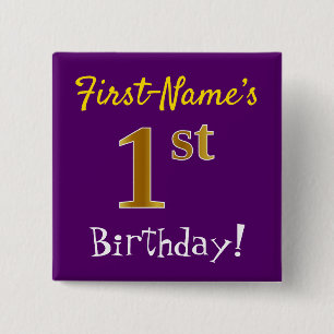 Purple, Faux Gold 1st Birthday, With Custom Name Button