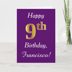 Purple, Faux Gold 9th Birthday + Custom Name Karte