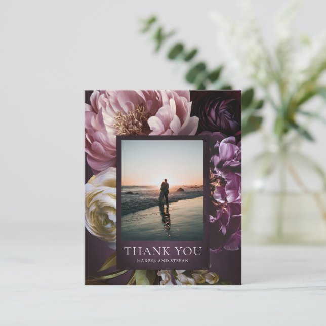 Purple Fine Art Floral Budget Wedding Thank You (Stehend Vorderseite)