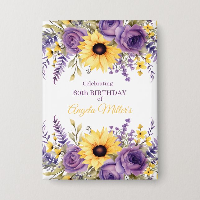 Purple floral 60th birthday party button (Vorderseite)