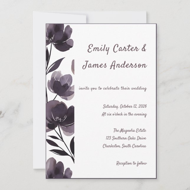 Purple Floral Botanical Wedding Einladung (Vorderseite)