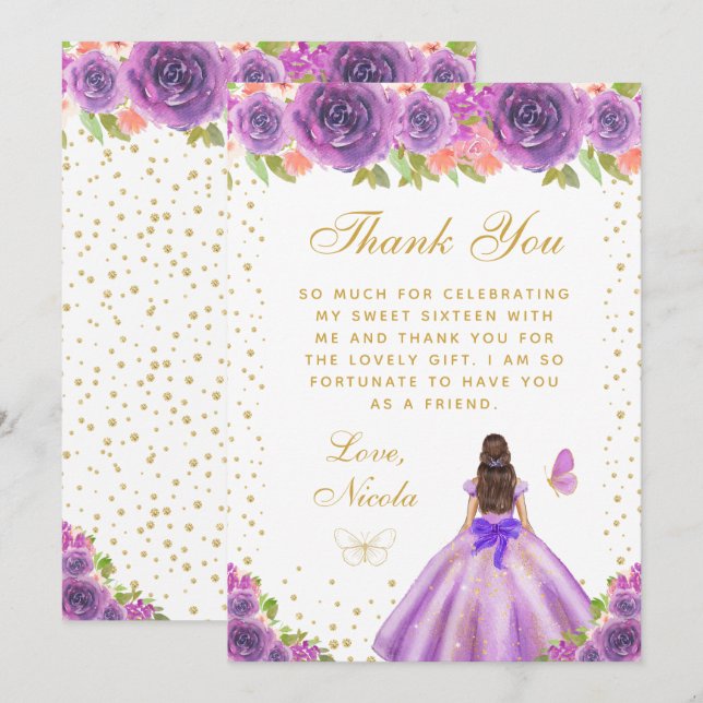 Purple Floral Brunette Hair Princess Sweet Sixteen Dankeskarte (Vorne/Hinten)