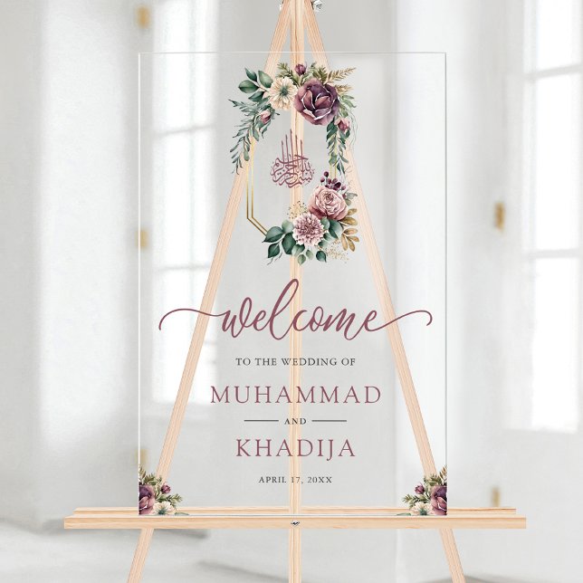 Purple Floral Crest Muslim Wedding Welcome Acrylschild (Von Creator hochgeladen)