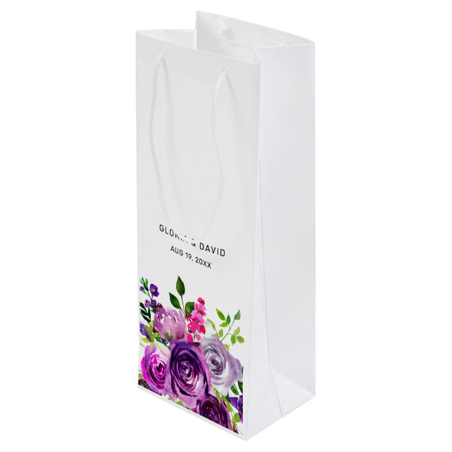 Purple Floral Elegant  Wedding  Geschenktüte Für Weinflaschen (Rückseite Schrägansicht)