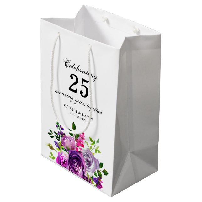 Purple Floral Elegant  Wedding  Mittlere Geschenktüte (Rückseite Schrägansicht)