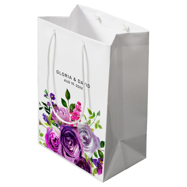 Purple Floral Elegant  Wedding  Mittlere Geschenktüte (Rückseite Schrägansicht)