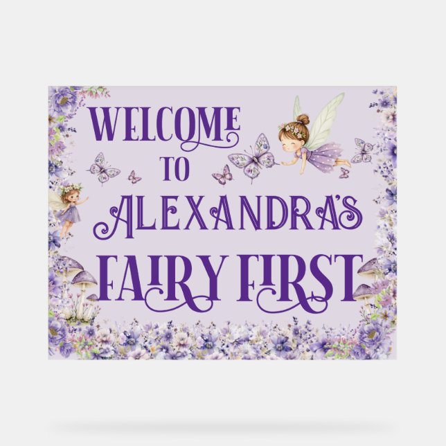 Purple Floral Fairy First 11x14 Birthday Welcome Acrylschild (Vorderseite)
