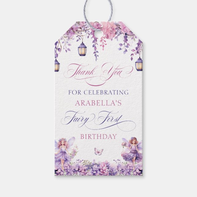 Purple Floral Fairy First Birthday Thank You Geschenkanhänger (Vorderseite)