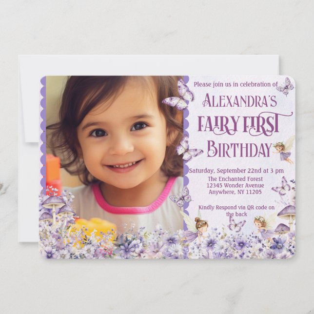 Purple Floral Fairy First QR Code Photo Birthday Einladung (Vorderseite)