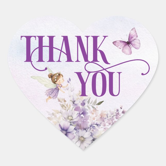 Purple Floral Fairy Thank You Herz-Aufkleber (Vorderseite)