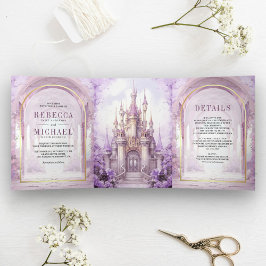 Purple Floral Fairytale Castle All in One Wedding Dreifach Gefaltete Einladung