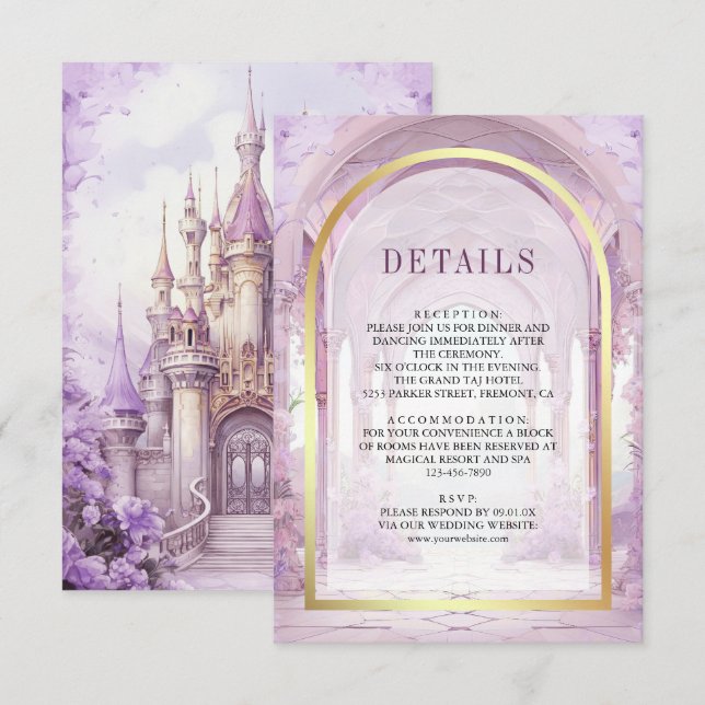 Purple Floral Fairytale Castle Wedding Details Begleitkarte (Vorne/Hinten)
