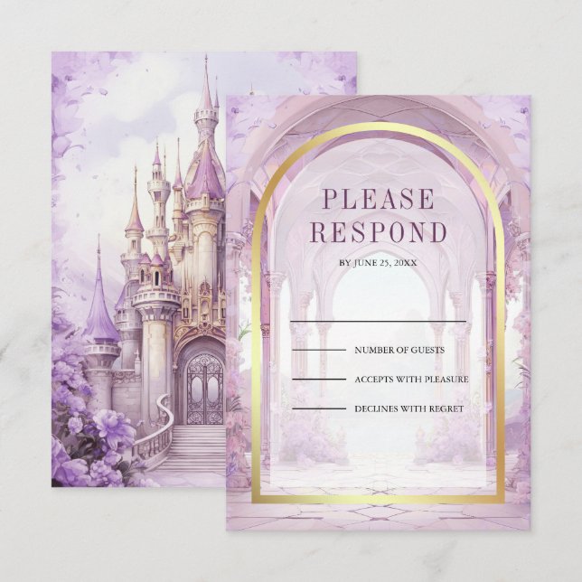 Purple Floral Fairytale Castle Wedding RSVP Karte (Vorne/Hinten)