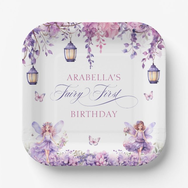Purple Floral Fantasy Fairy First Birthday Pappteller (Vorderseite)