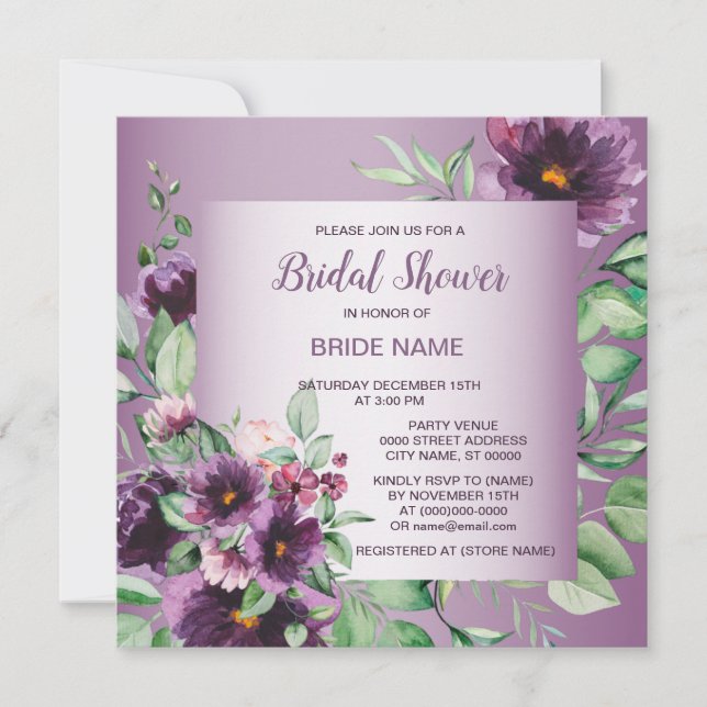 Purple Floral Geometric Greenery Bridal Shower Einladung (Vorderseite)