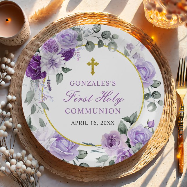 Purple Floral Girl First Holy Communion Pappteller (Von Creator hochgeladen)
