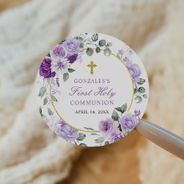 Purple Floral Girl First Holy Communion Runder Aufkleber