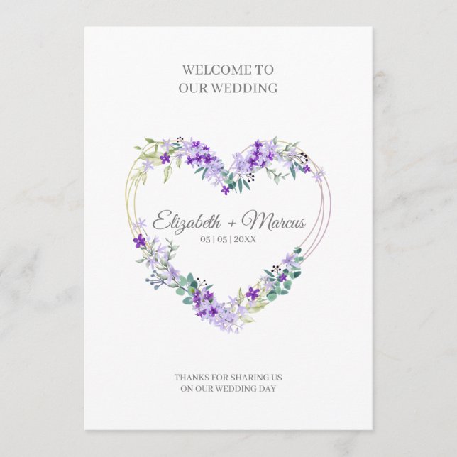 Purple Floral Heart for Wedding Sand Ceremony Programm (Vorderseite)