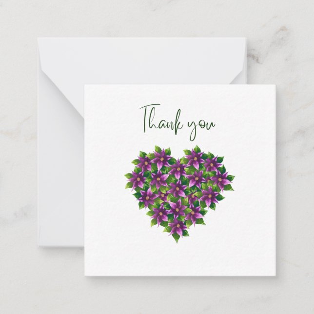 Purple Floral Heart Thank You Flat Notecard Mitteilungskarte (Vorderseite)