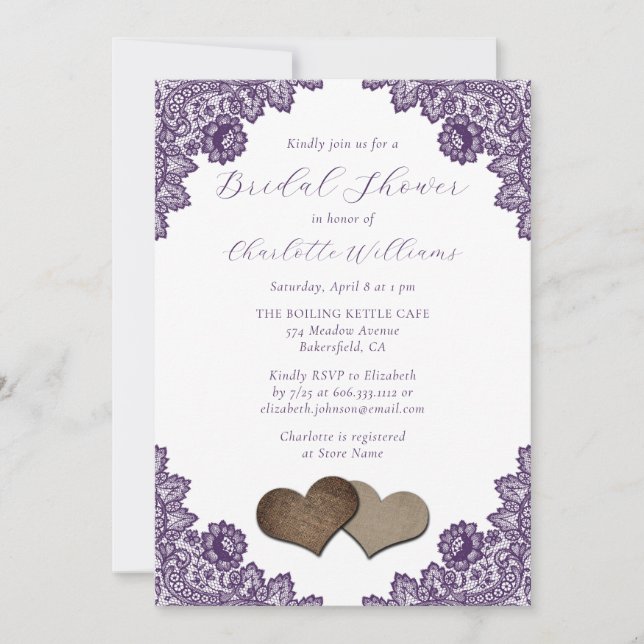 Purple Floral Lace Burlap Hearts Bridal Shower Einladung (Vorderseite)