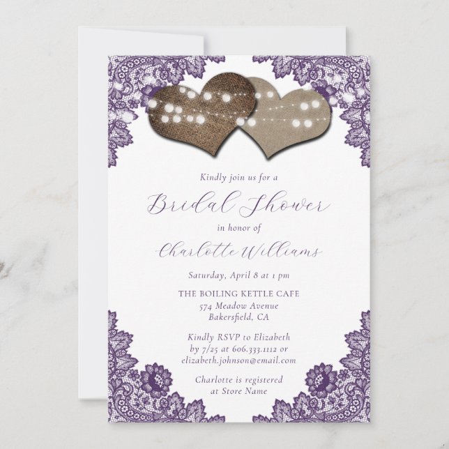 Purple Floral Lace Burlap Hearts Bridal Shower Einladung (Vorderseite)