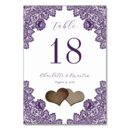Purple Floral Lace Burlap Hearts Rustic Tischnummer