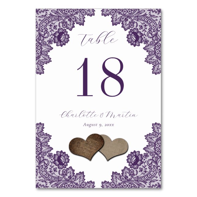 Purple Floral Lace Burlap Hearts Rustic Tischnummer (Vorderseite)