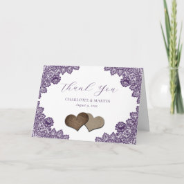 Purple Floral Lace Burlap Hearts Rustic Wedding Dankeskarte