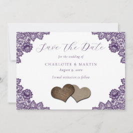 Purple Floral Lace Burlap Hearts Rustic Wedding Save The Date