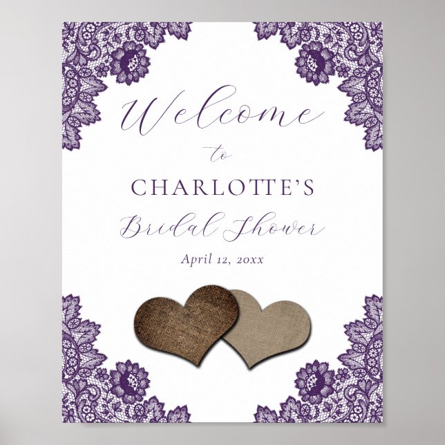 Purple Floral Lace Rustic Bridal Shower Sign Poster (Vorne)