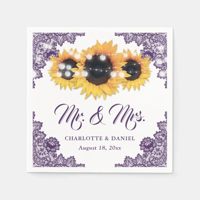 Purple Floral Lace Sunflower Wedding Serviette (Vorderseite)