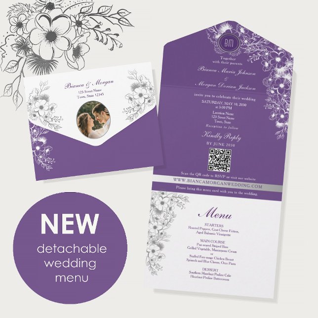 Purple Floral Menu Photo Wedding All In One Einladung (Von Creator hochgeladen)