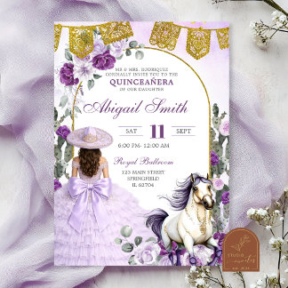 Purple Floral Mexican Charra Quinceanera Einladung