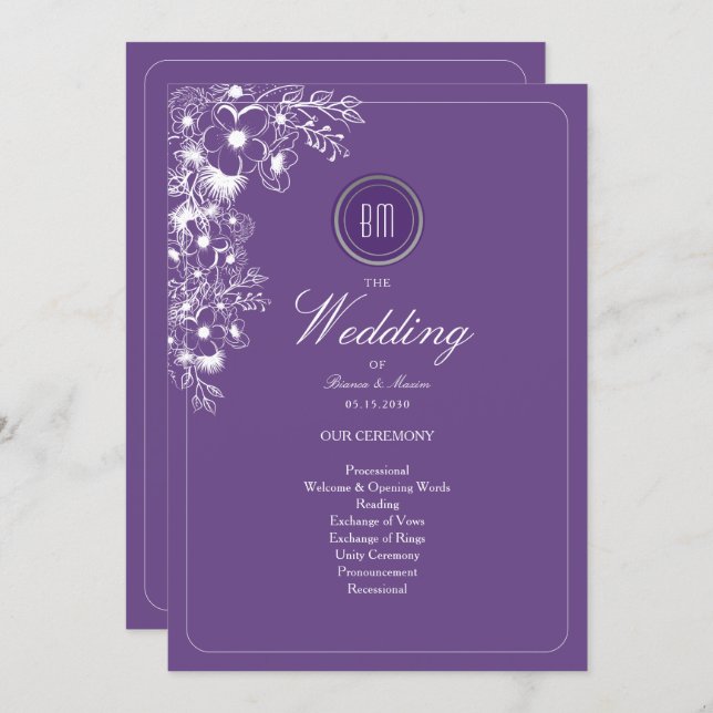 Purple Floral Monogram Wedding Program (Vorne/Hinten)