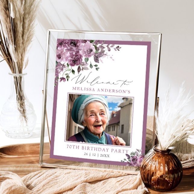 Purple Floral Photo Any Age Birthday Welcome Poster (Von Creator hochgeladen)