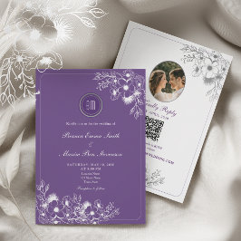 Purple Floral Photo QR Code Wedding Einladung