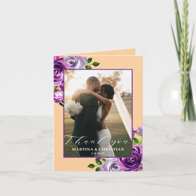 Purple Floral Photo Wedding Folded  Dankeskarte (Vorderseite)